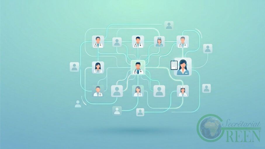 Réseau interconnecté de professionnels de santé, incluant médecins experts et secrétaire médicale indépendante, sur un fond bleu turquoise.