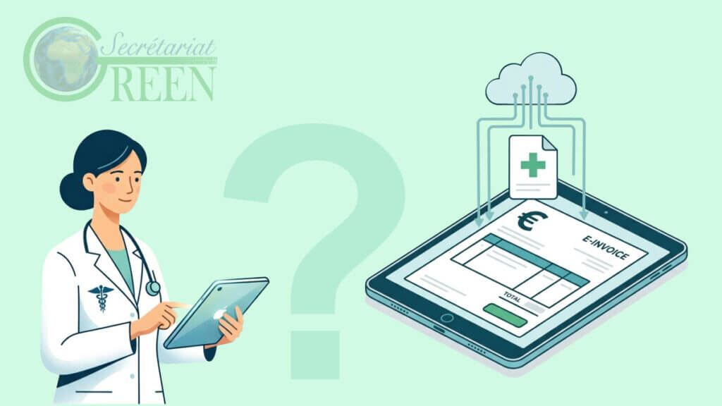 Médecin expert consultant une tablette devant une illustration de facture électronique dématérialisée et un point d'interrogation symbolisant les interrogations liées à la transition numérique.