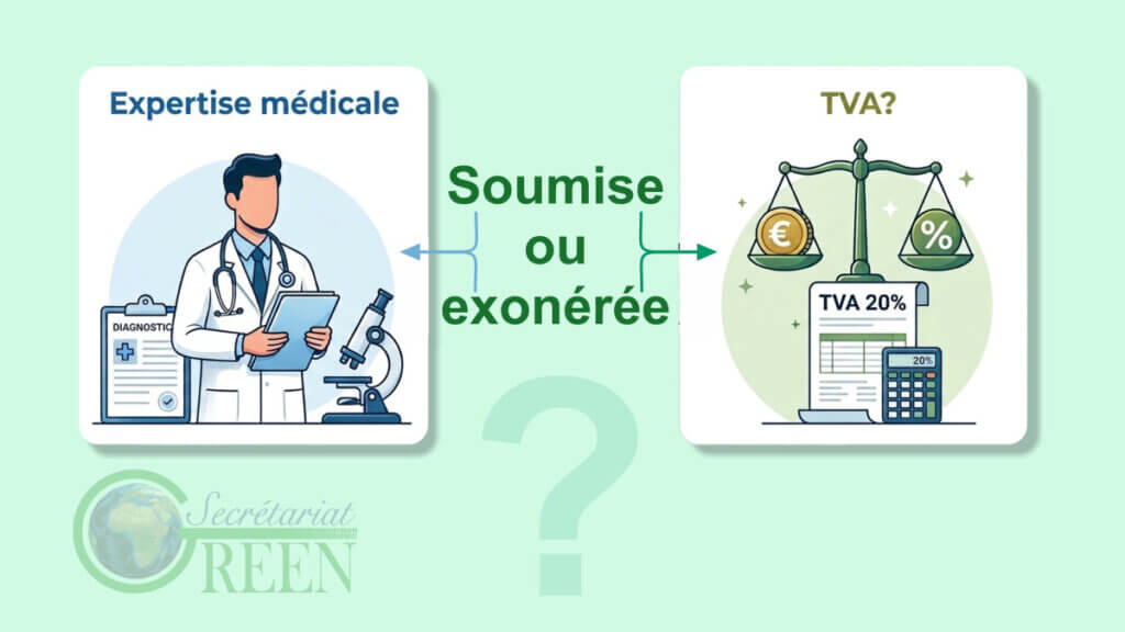 Illustration expliquant si une expertise médicale est soumise ou exonérée de TVA, montrant un médecin expert et des symboles fiscaux.