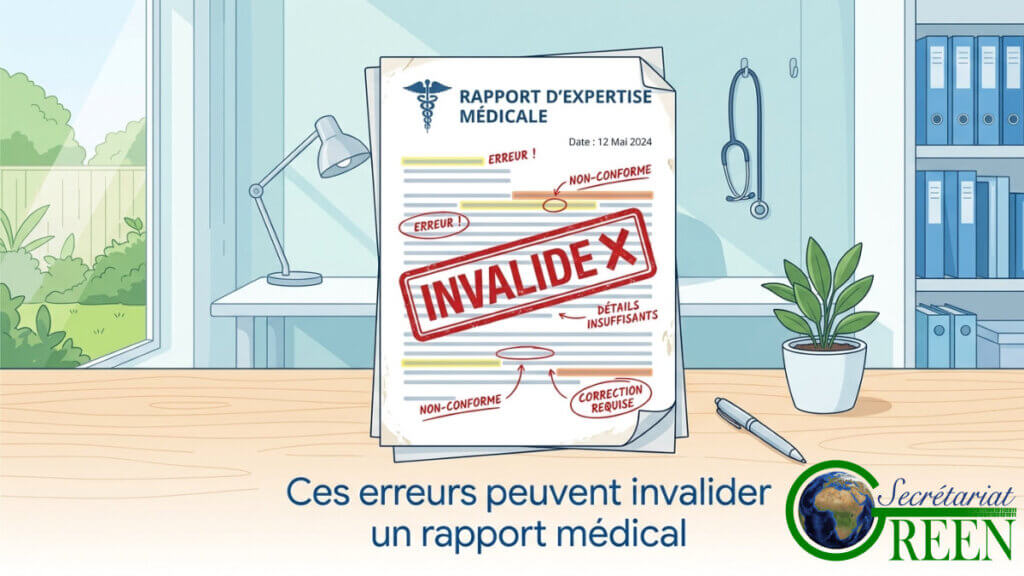 Illustration d'un rapport d'expertise médicale annoté d'erreurs et marqué d'un grand tampon rouge "INVALIDÉ", posé sur un bureau de cabinet médical.
