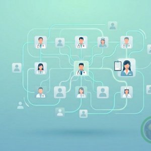 Réseau interconnecté de professionnels de santé, incluant médecins experts et secrétaire médicale indépendante, sur un fond bleu turquoise.