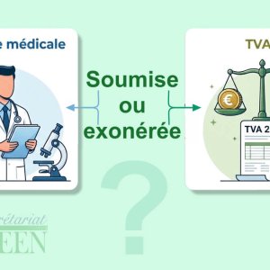 Illustration expliquant si une expertise médicale est soumise ou exonérée de TVA, montrant un médecin expert et des symboles fiscaux.