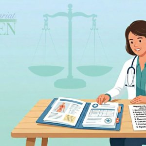 Illustration d'un médecin expert en blouse blanche analysant un dossier médical et une liste de contrôle pour un rapport d'expertise. En arrière-plan, une balance de la justice symbolise les obligations médico-légales de la profession.
