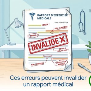 Illustration d'un rapport d'expertise médicale annoté d'erreurs et marqué d'un grand tampon rouge "INVALIDÉ", posé sur un bureau de cabinet médical.